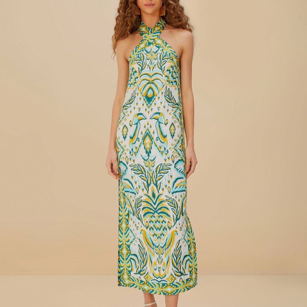 Off-White Tropical Tapestry Euroflax™ Premium Linen Maxi Dress